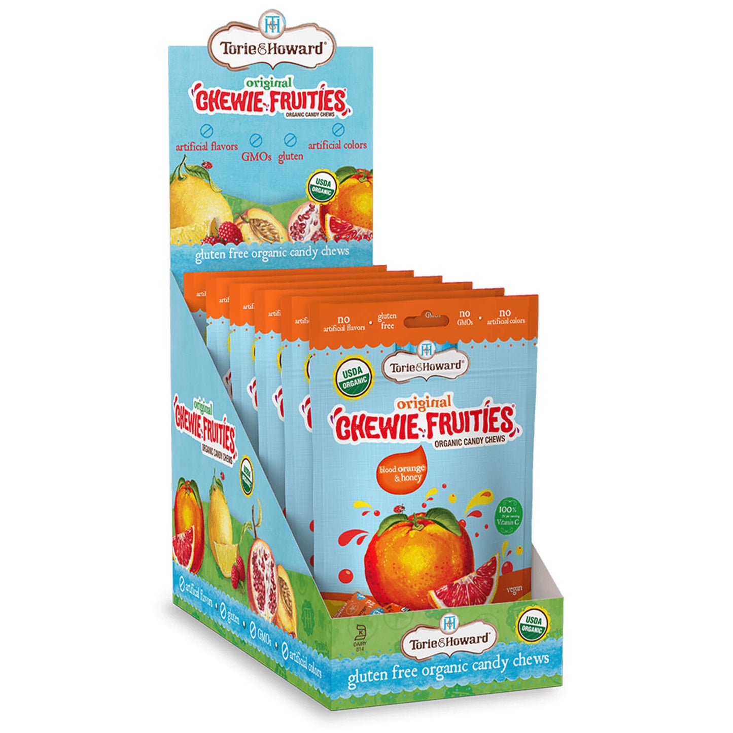 6 count caddy of Torie & Howard Chewie Fruities Blood Orange & Honey Candy 4oz Bags