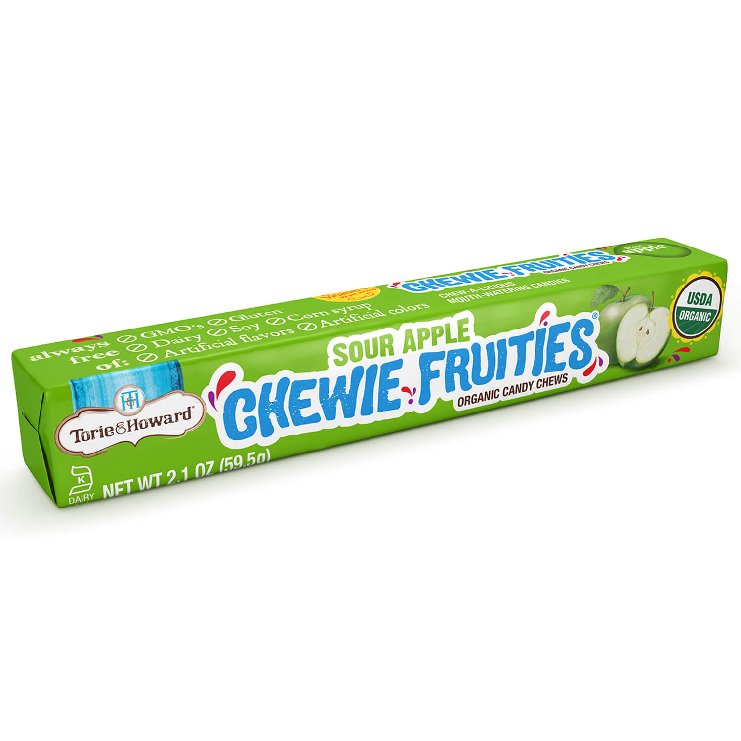 Torie & Howard Chewie Fruities Sour Apple Candy, Front of 2.1oz Stick Pack