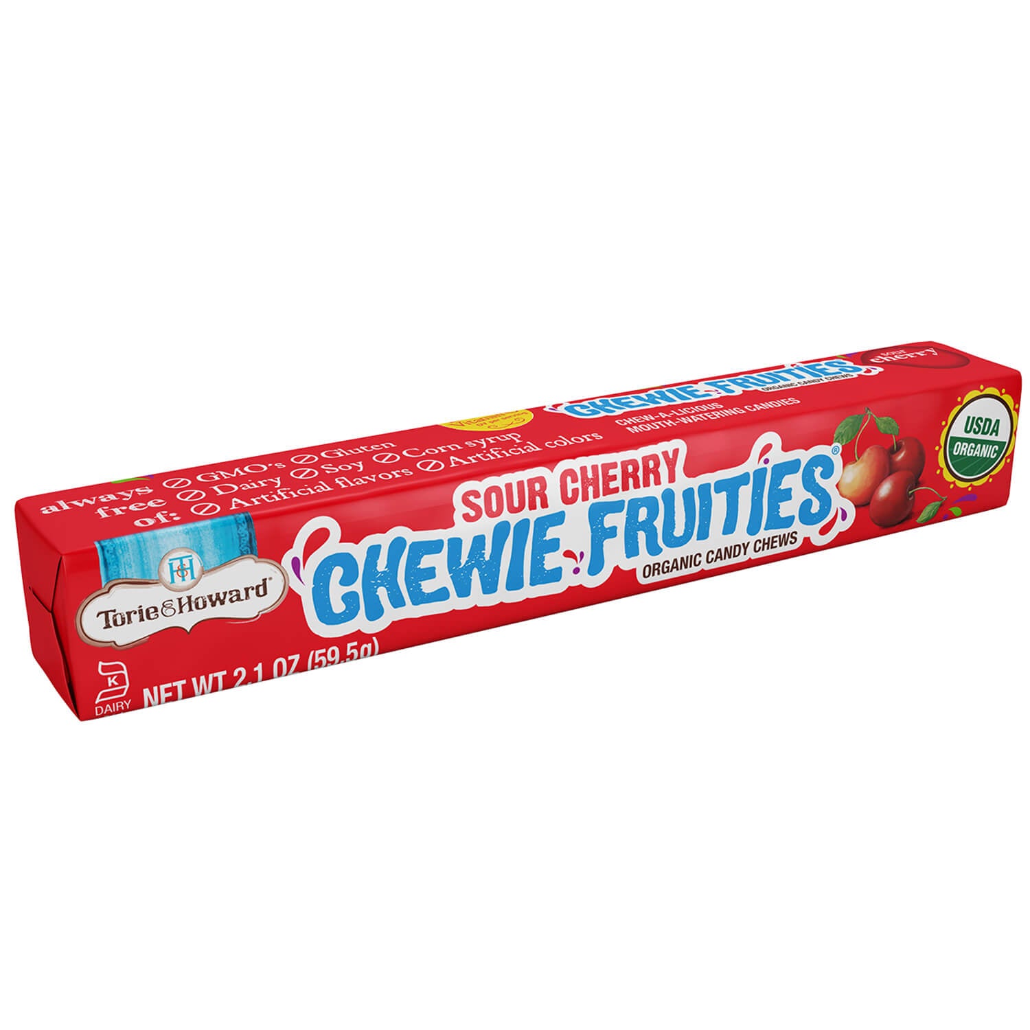 Torie & Howard Chewie Fruities Sour Cherry Candy, Front of 2.1oz Stick Pack