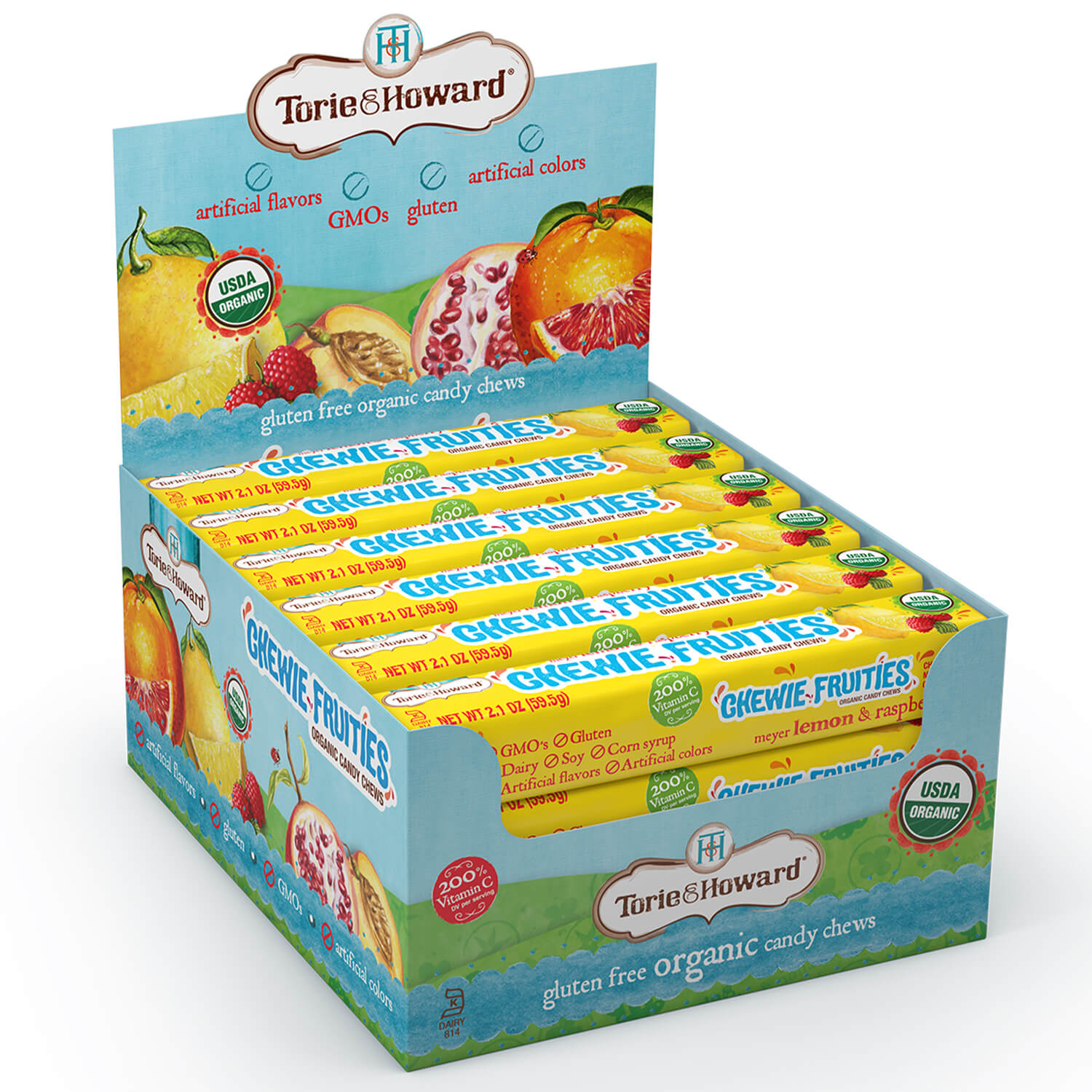 18 count caddy of Torie & Howard Chewie Fruities Meyer Lemon & Raspberry Candy 2.1oz Stick Packs