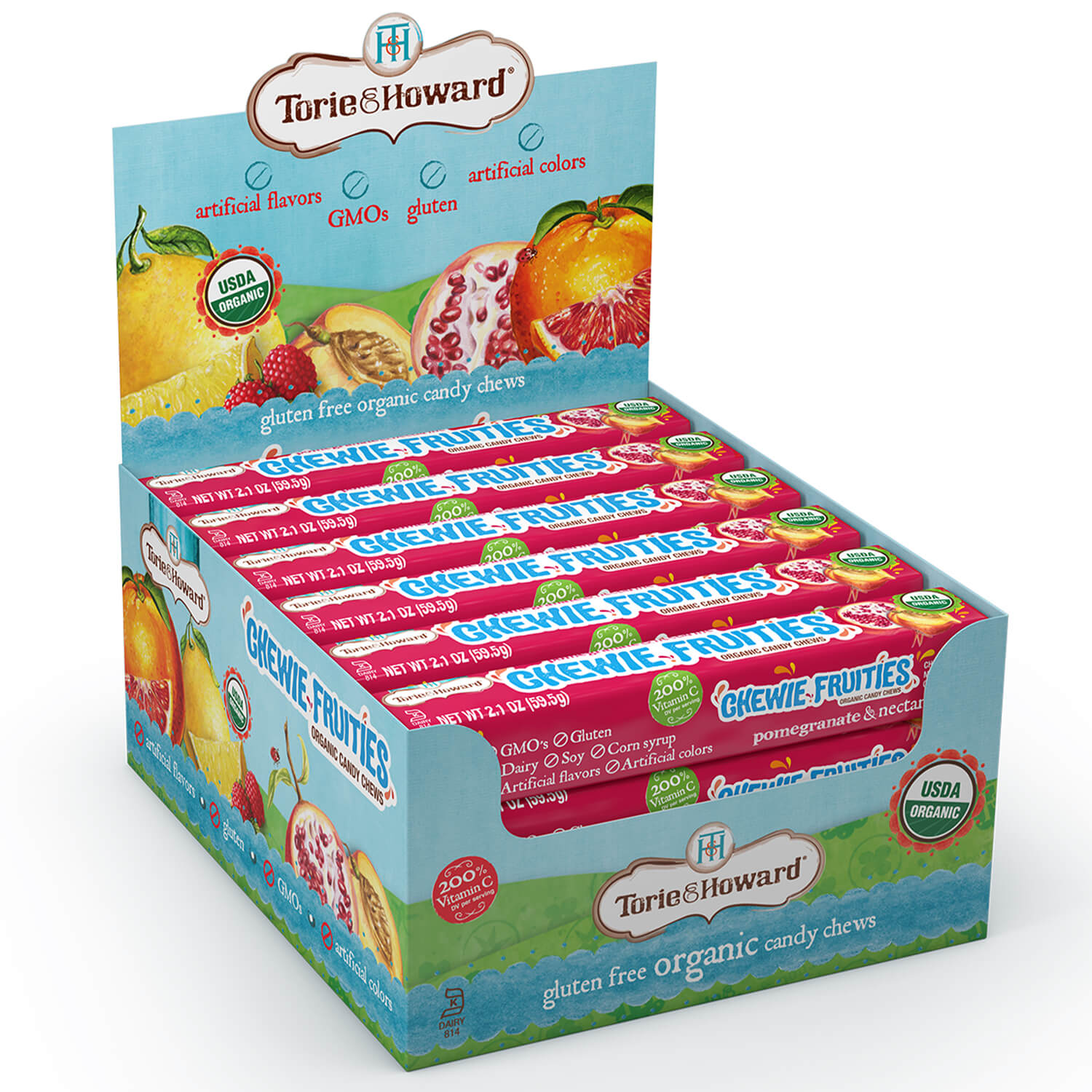 18 count caddy of Torie & Howard Chewie Fruities Pomegranate & Nectarine Candy 2.1oz Stick Packs