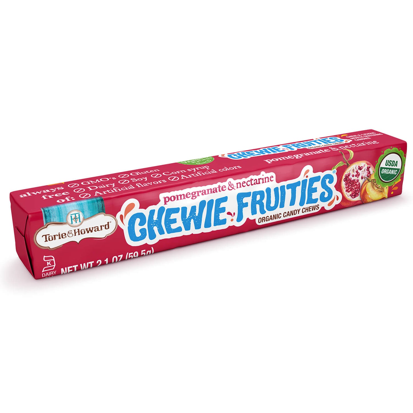 Torie & Howard Chewie Fruities Pomegranate & Nectarine Candy, Front of 2.1oz Stick Pack