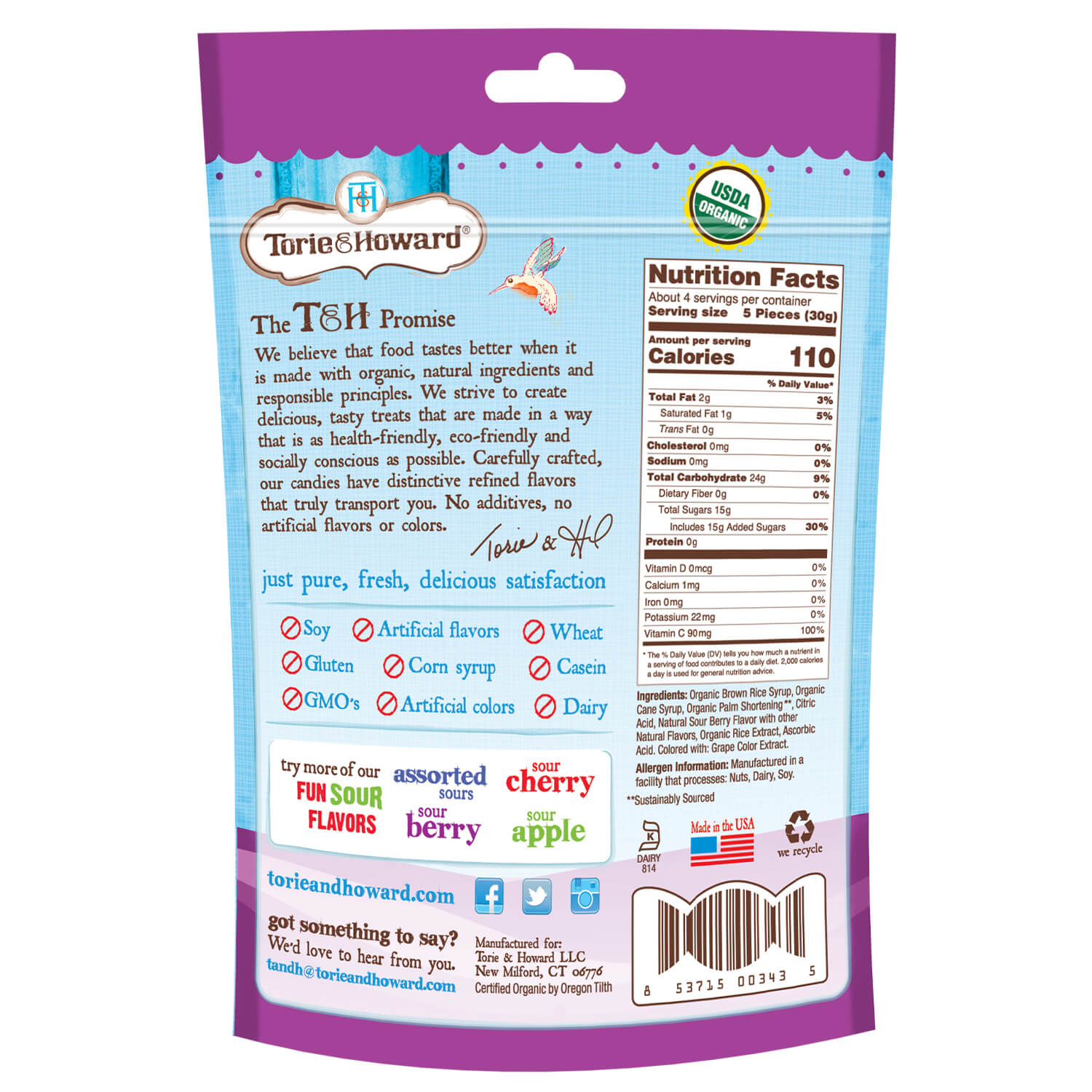 Torie & Howard Chewie Fruities Sour Berry Candy, Back of 4oz Bag