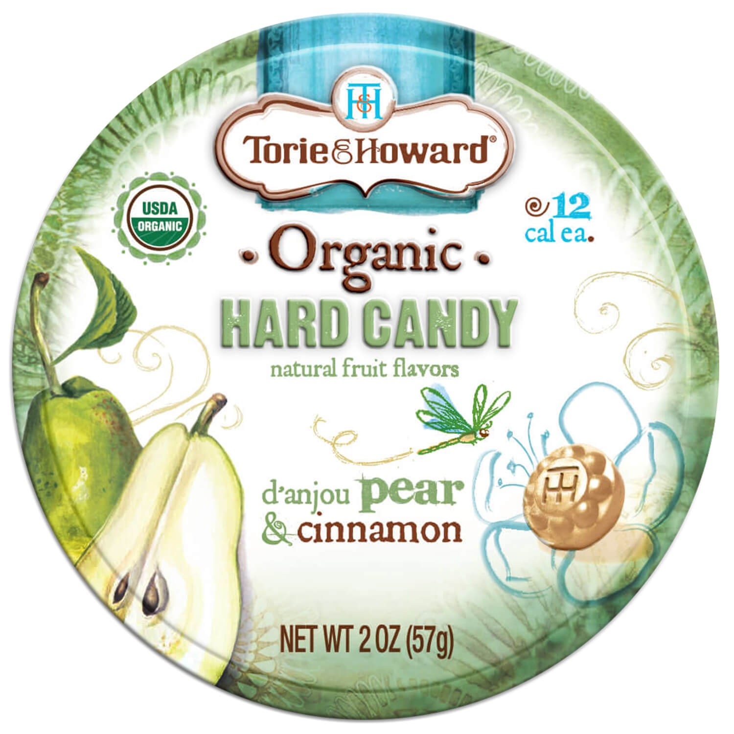 Torie & Howard D'Anjou Pear & Cinnamon Organic Hard Candy, Front of 2oz Tin
