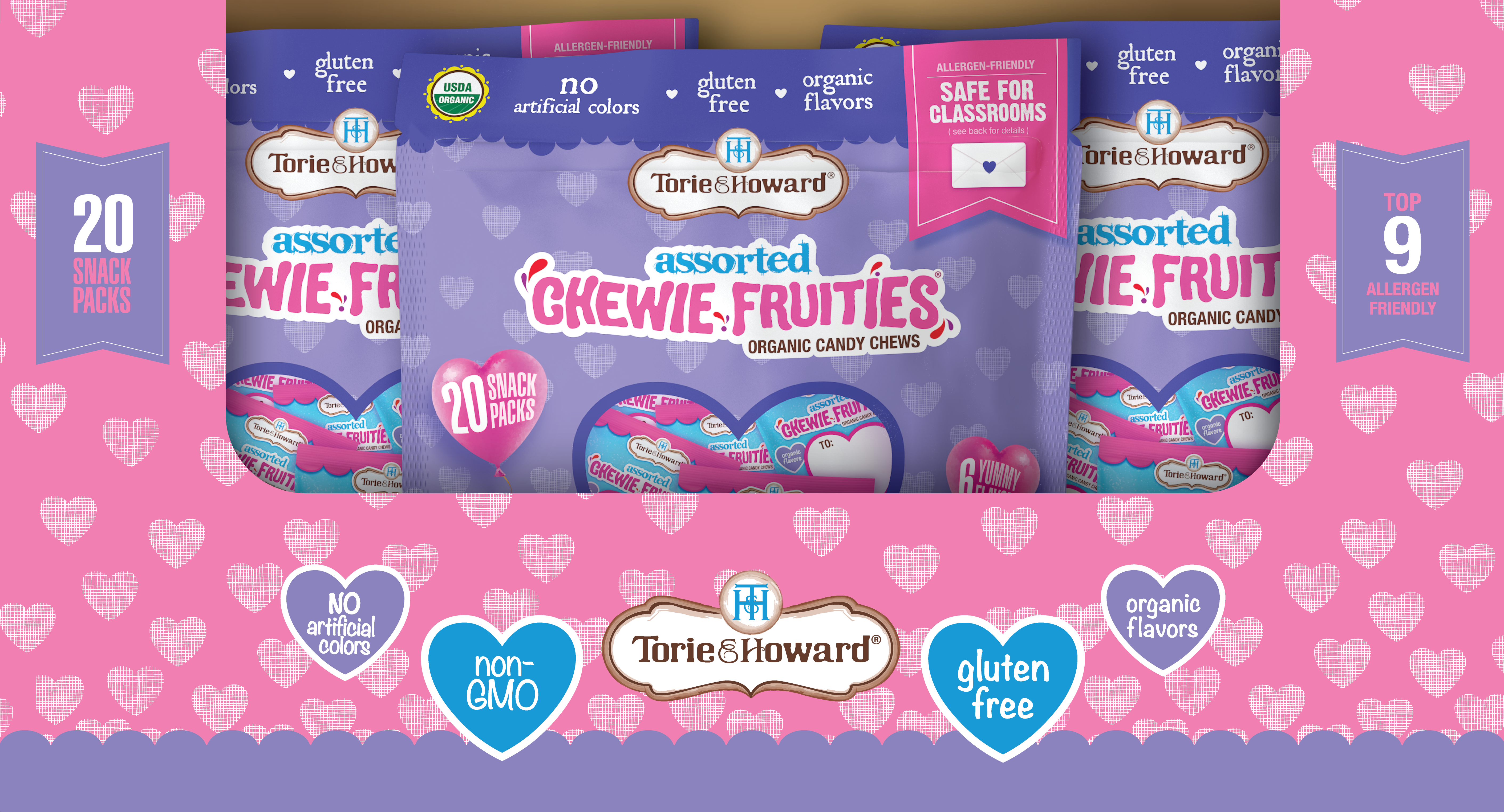 12 pack of TORIE & HOWARD organic valentine candy 8.46oz bags