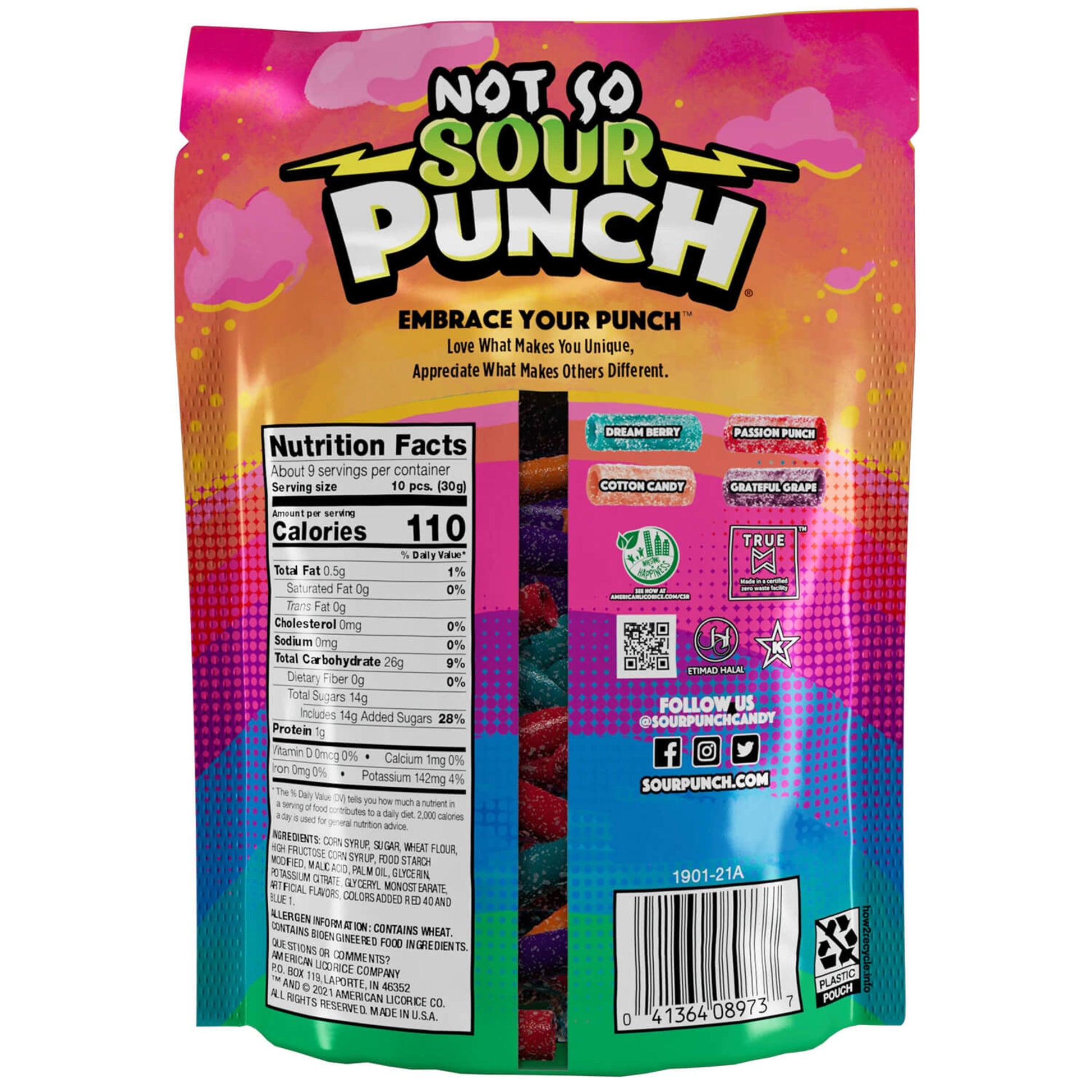 Back of Sour Punch Sweet (not sour) Bites Assorted Candy 9oz bag