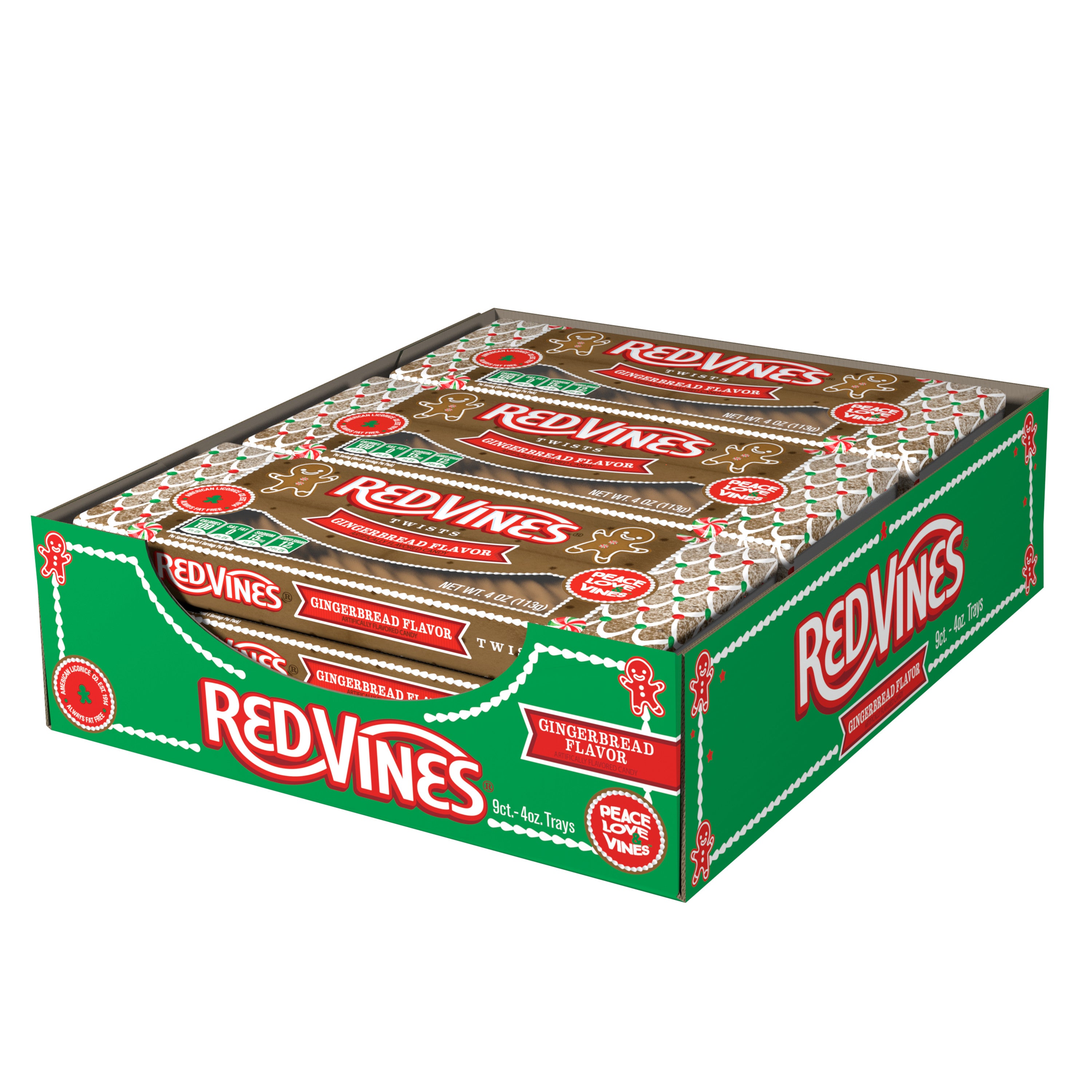 9 count box of RED VINES Gingerbread flavored licorice twists trays