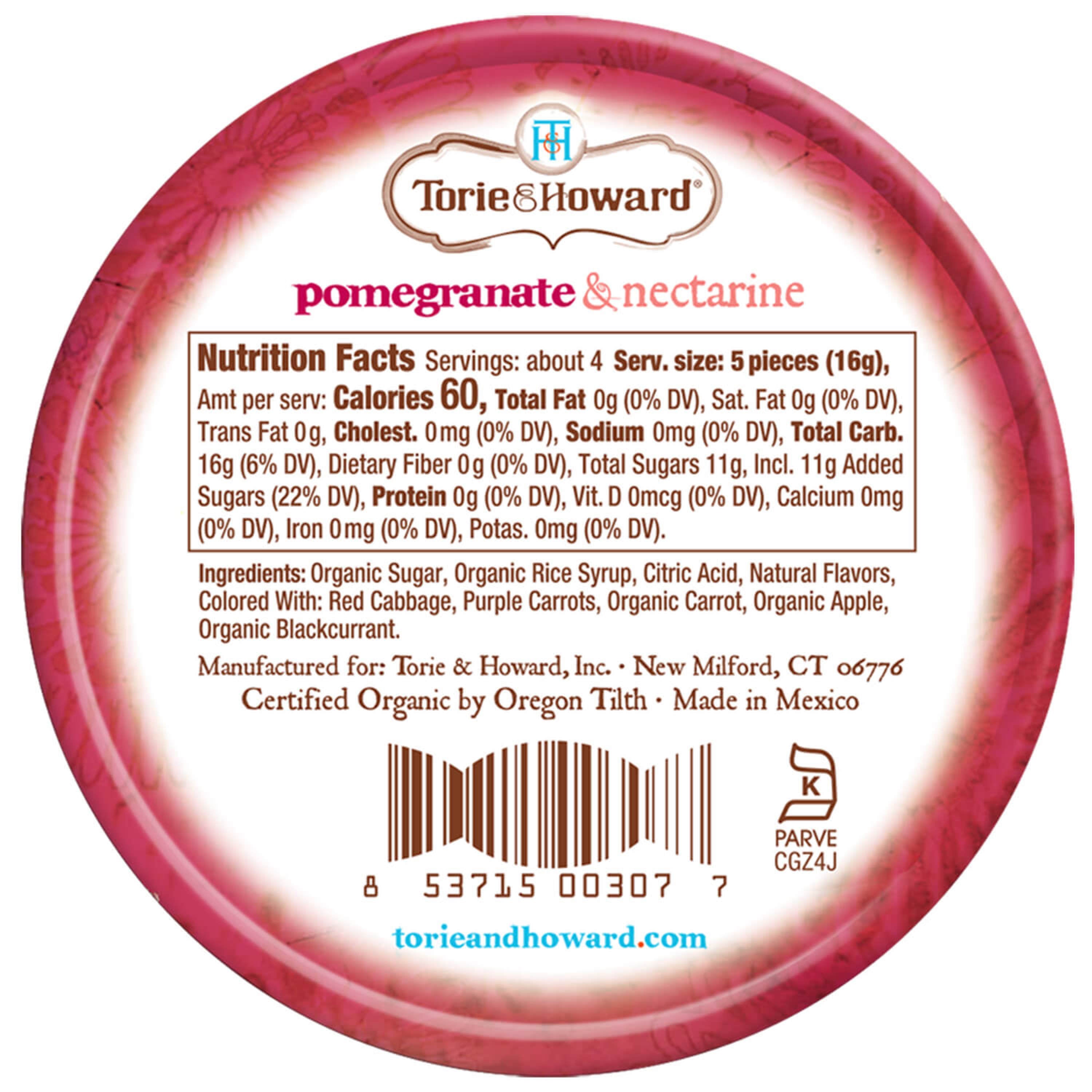 Torie & Howard Pomegranate & Nectarine Organic Hard Candy, Back of 2oz Tin