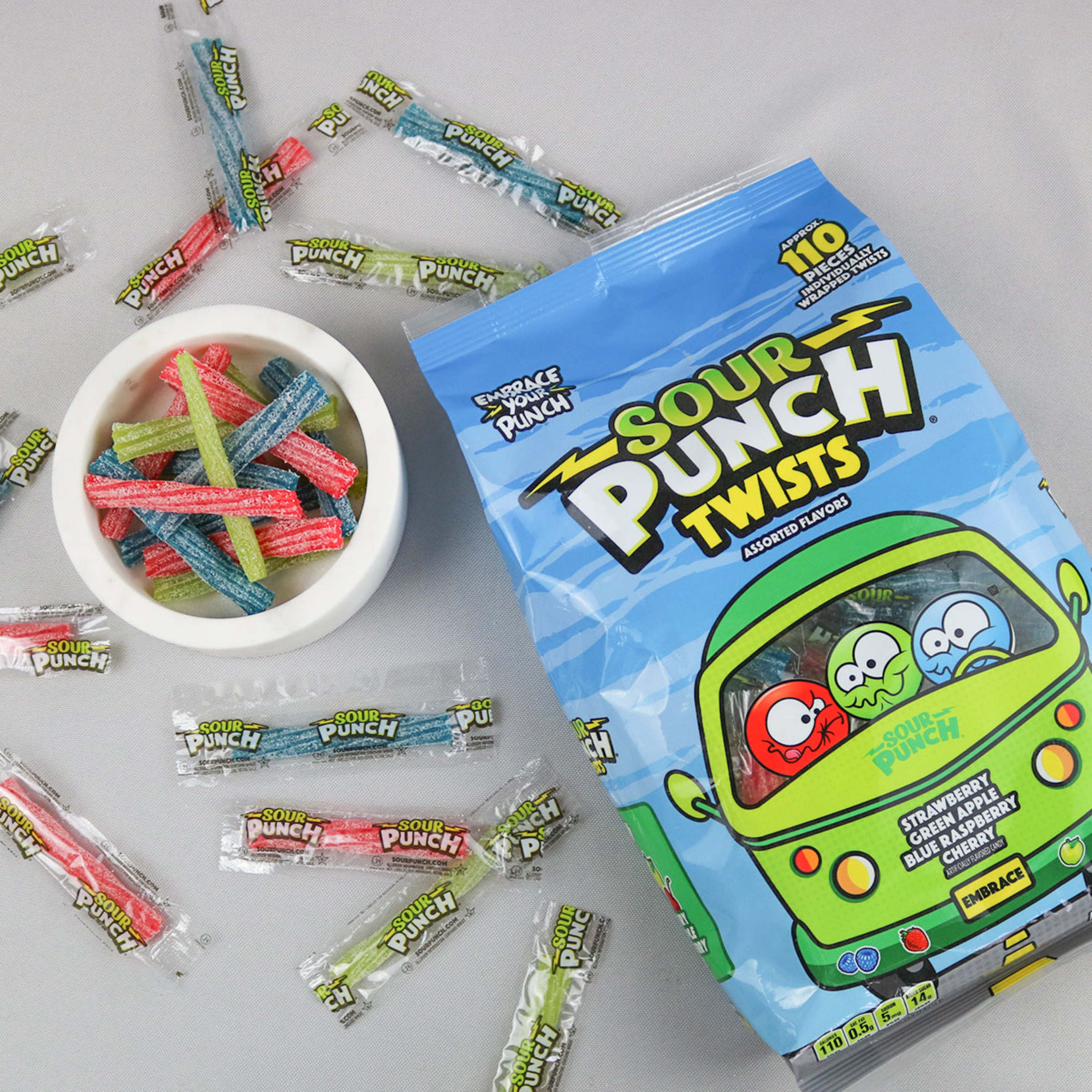 SOUR PUNCH Individually Wrapped Candy Twists unwrapped and in a small dish