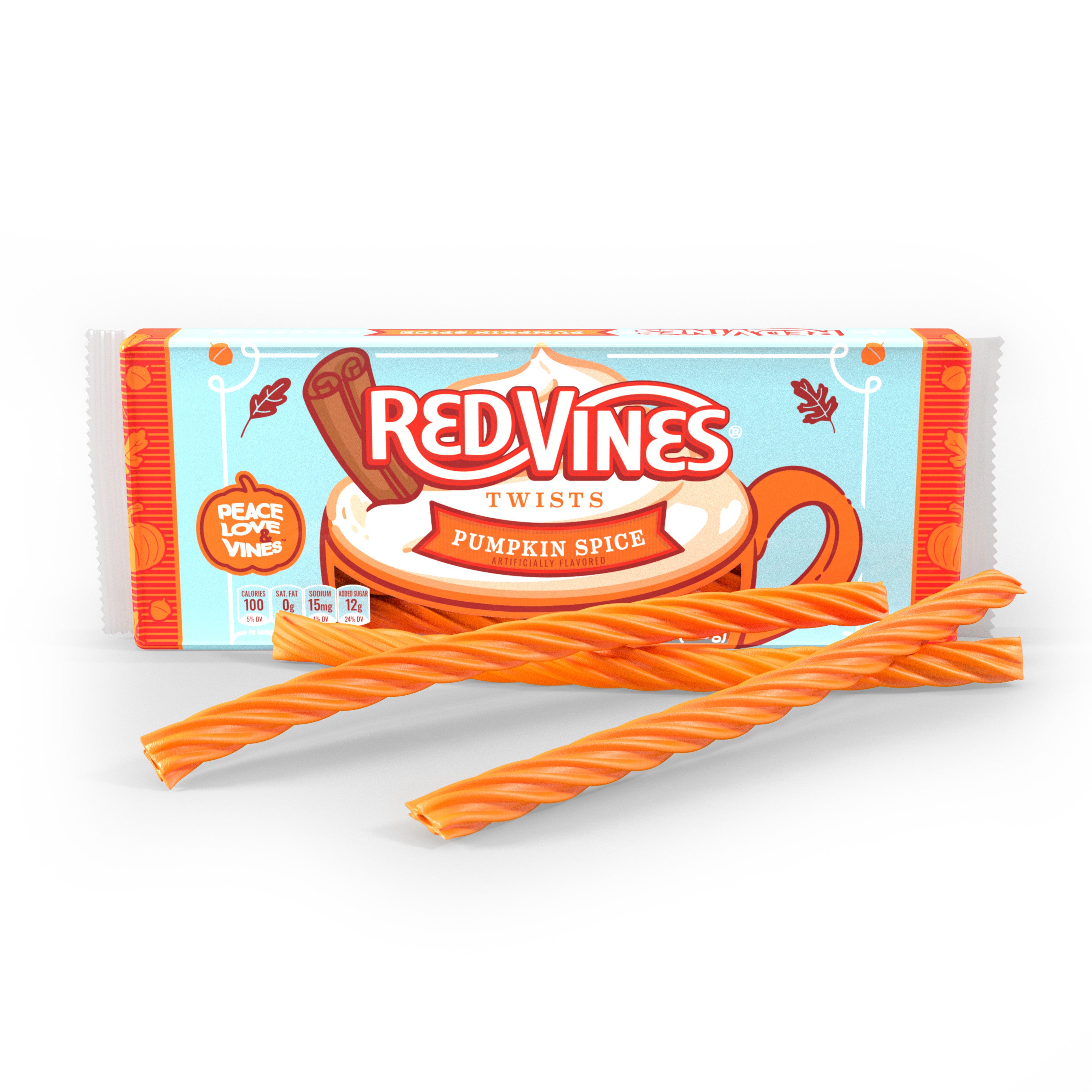 RED VINES Pumpkin Spice Halloween Candy Twists - front of 4oz tray with raw candy twists