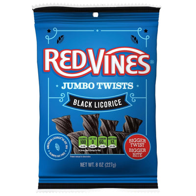 Front of RED VINES Black Licorice Jumbo Twists Candy 8oz bag