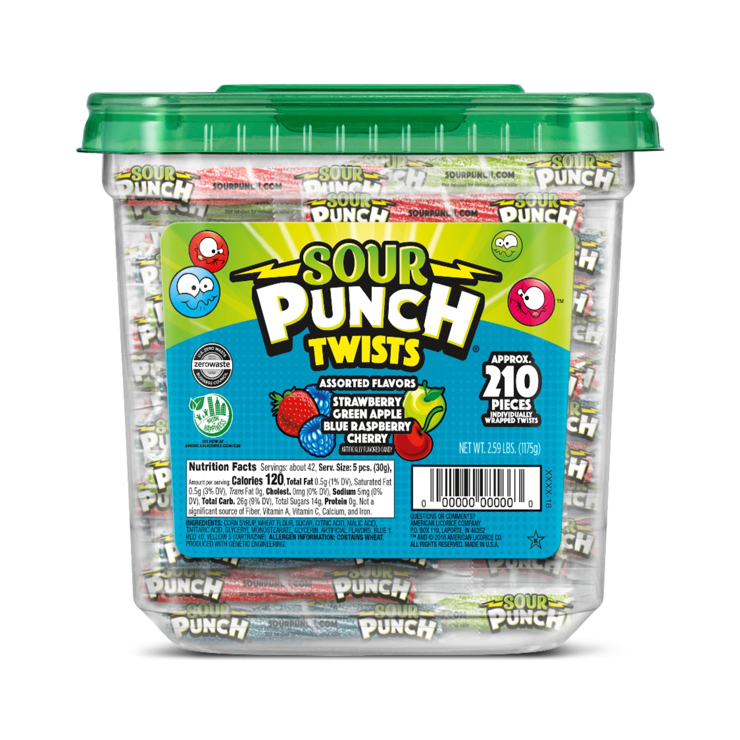 Sour Punch Approximately 210 Individually Wrapped Twists Front of Jar - Sour Twists Candy