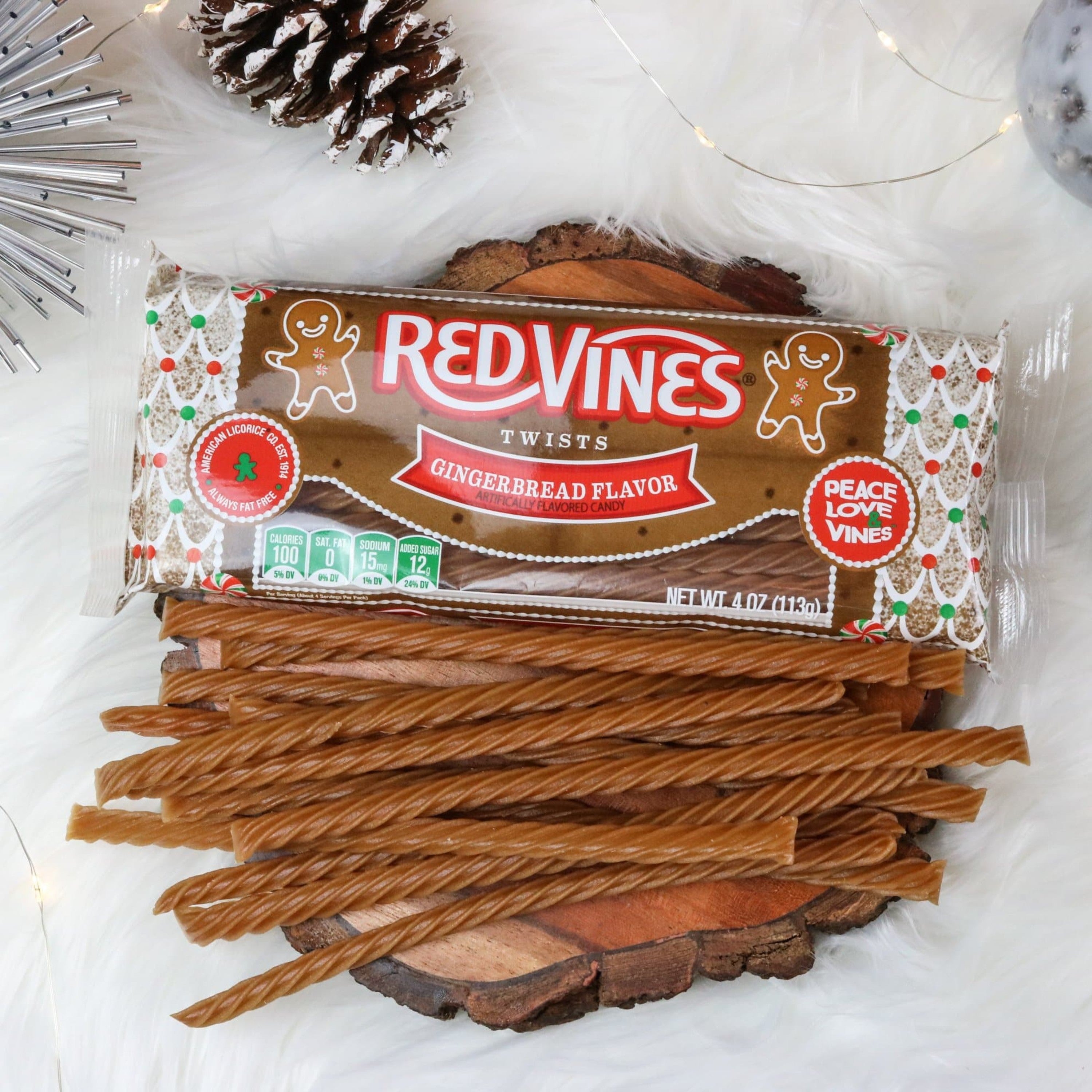 RED VINES Gingerbread flavored licorice twists - front of festive tray