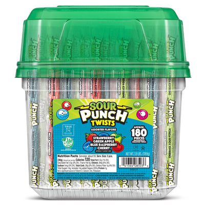 Sour Punch Twists Front of Tub - Sour Twist Candy - 6-inch Individually wrapped candy