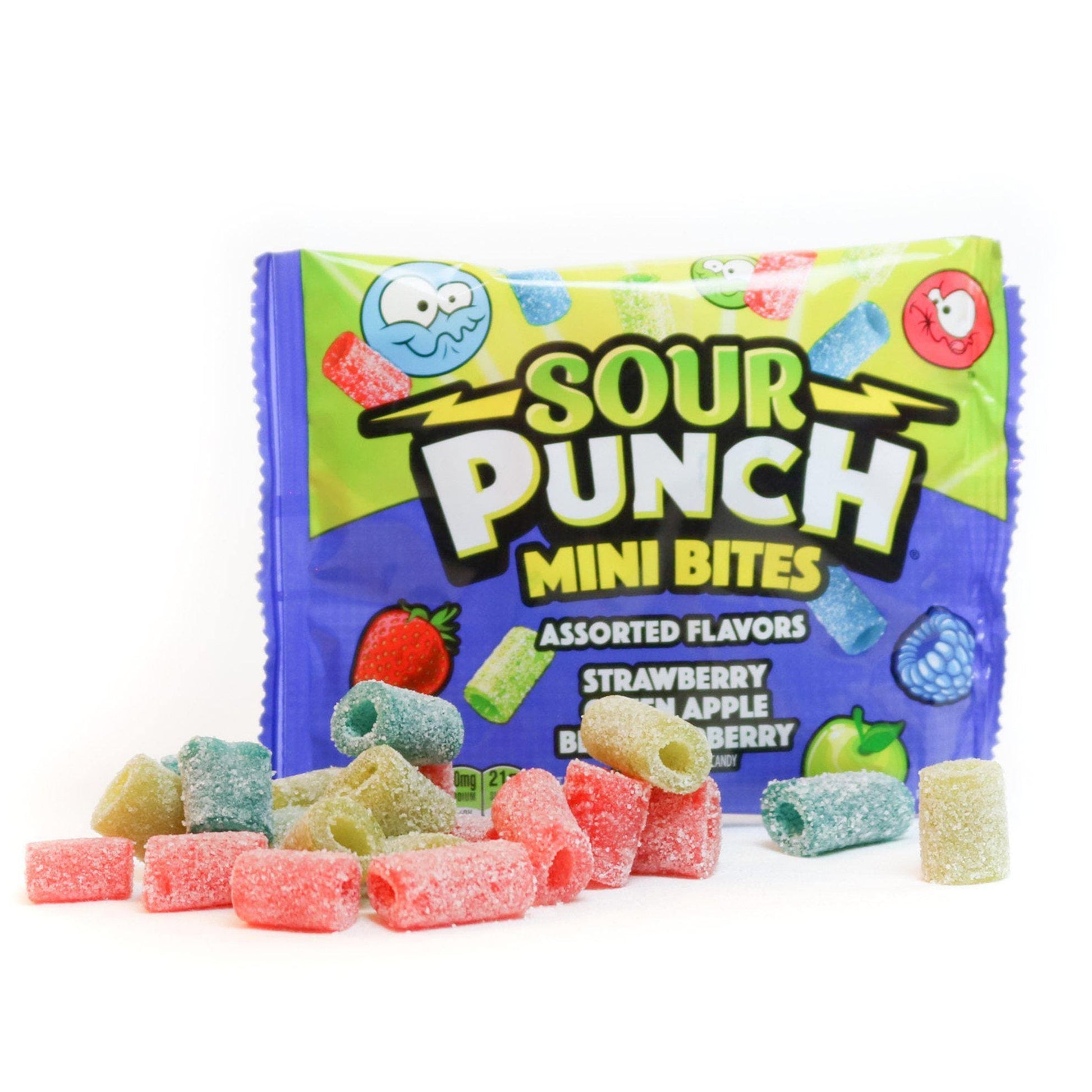 Sour Punch Mini Bites - Mini Bites Front of Package with Candy in Front -  Fruit Chews Mini Bites