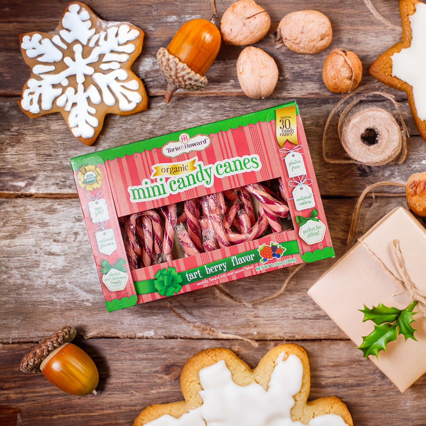 Torie & Howard Organic Mini Candy Canes with holiday cookies