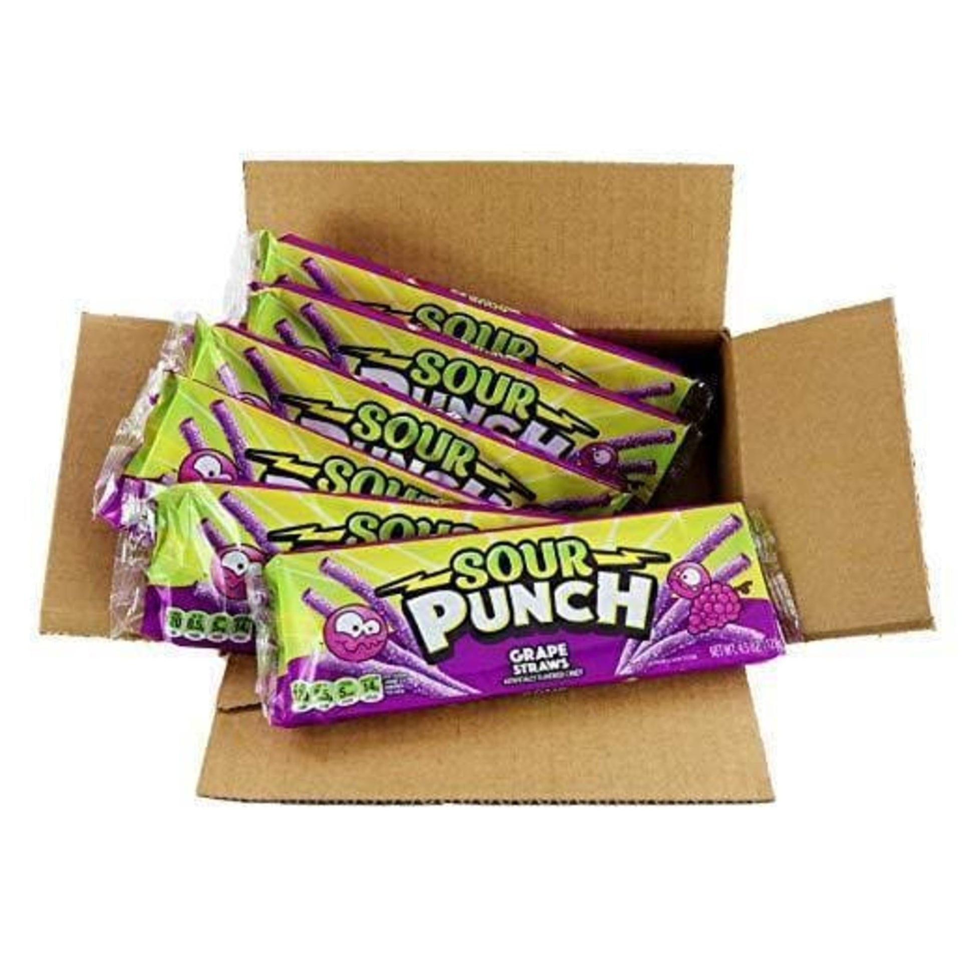 6 count box of Sour Punch Grape Candy Straws 4.5oz trays
