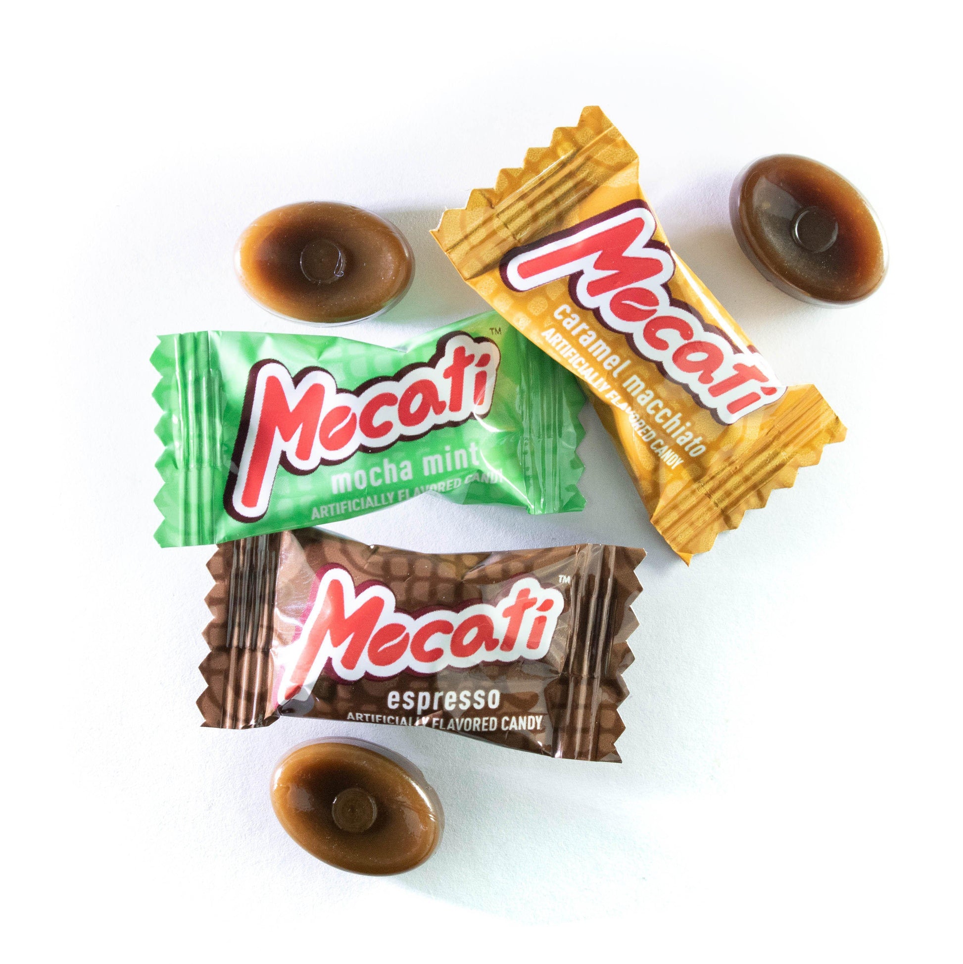 Aprati Mocati Mocha Mint, Caramel Macchiato, and Expresso Hard Candy unwrapped pieces