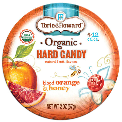 Torie & Howard Blood Orange & Honey Organic Hard Candy, Front of 2oz Tin