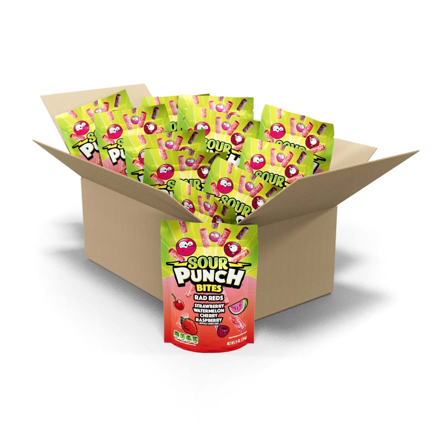 12 count box of Sour Punch Bites Rad Reds Candy 9oz bags