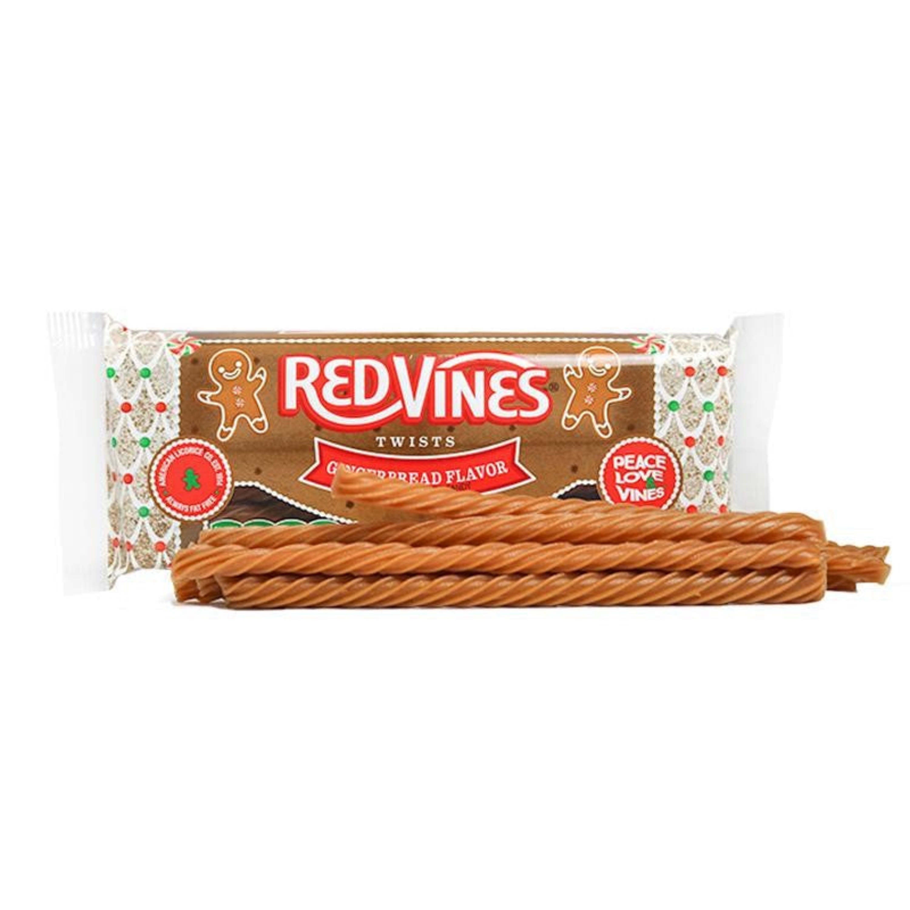 RED VINES Gingerbread flavored licorice twists - raw licorice candy on a festive background