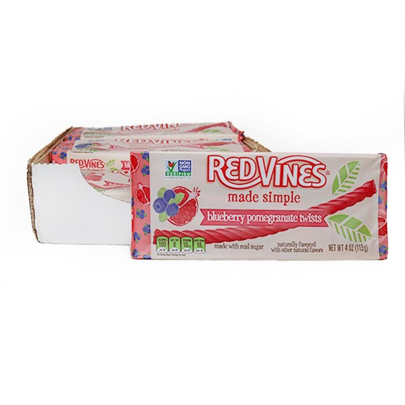 9 count box of RED VINES Made Simple Blueberry Pomegranate Twists 4oz Trays