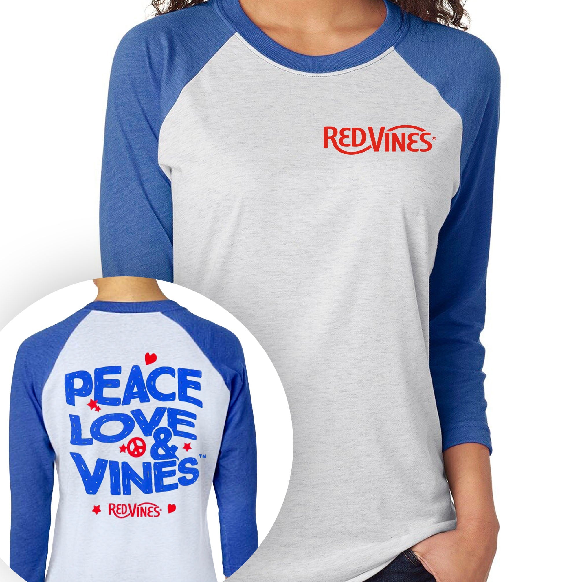 Grey 3/4 sleeve T-Shirt with blue sleeves, RED VINES logo on left chest, and large 