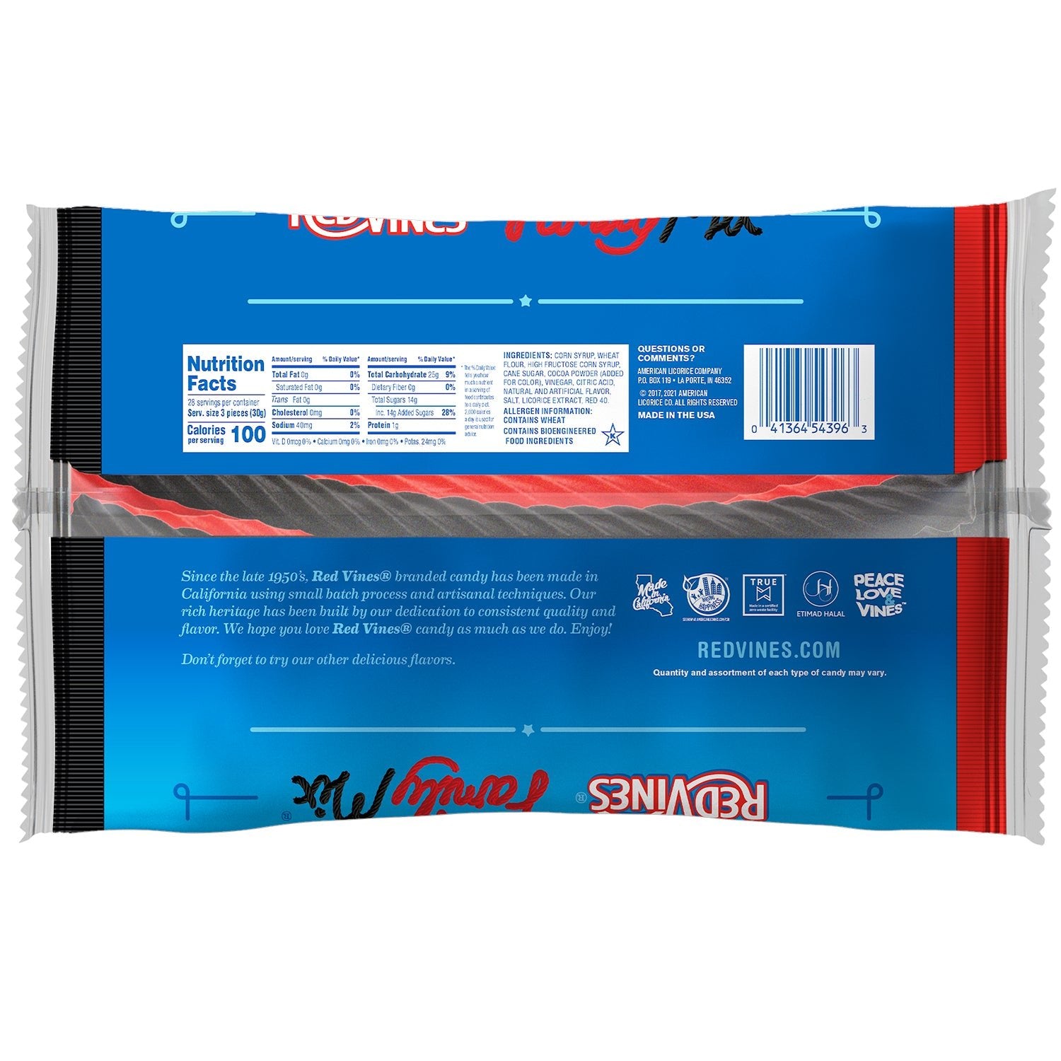 RED VINES Red & Black Licorice Family Mix, back of 30oz Bag