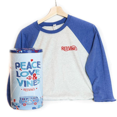 RED VINES Tin and Peace, Love & Vines 3/4 sleeve T-Shirt on a hanger