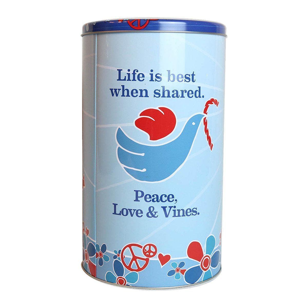 Back of RED VINES Tin with a dove eating licorice and the text, "Life is best when shared. Peace, Love & Vines."