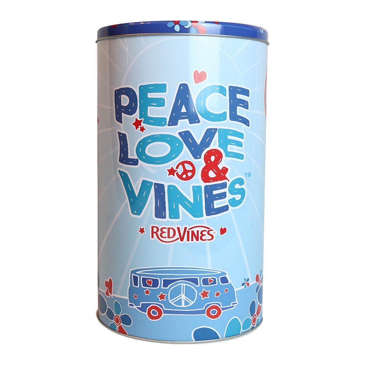 Front of RED VINES Tin with "PEACE LOVE & VINES" text, Red Vines logo, and van drawing