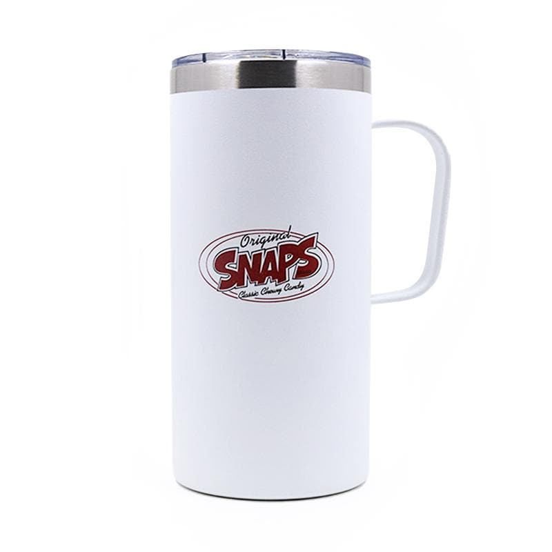 White Travel Mug with red SNAPS logo
