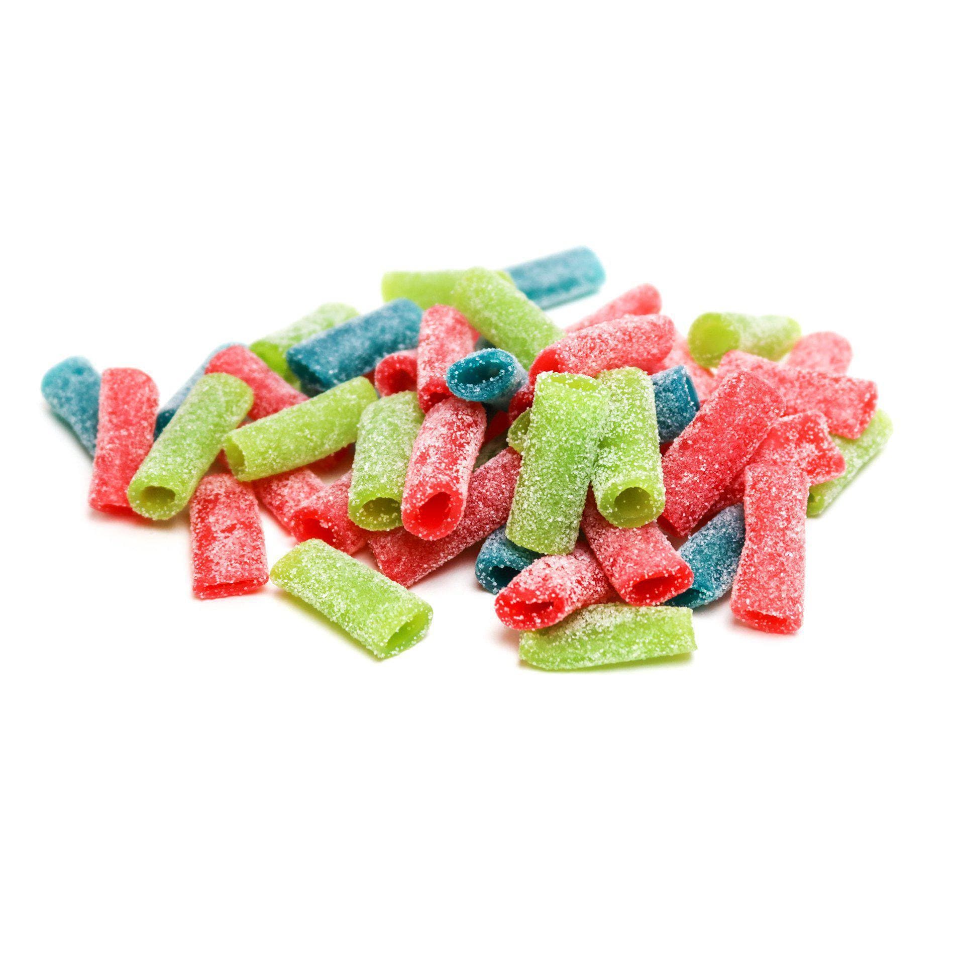 Sour Punch Assorted Bites candy in a pile - green apple, strawberry, and blue raspberry colorful candy bites