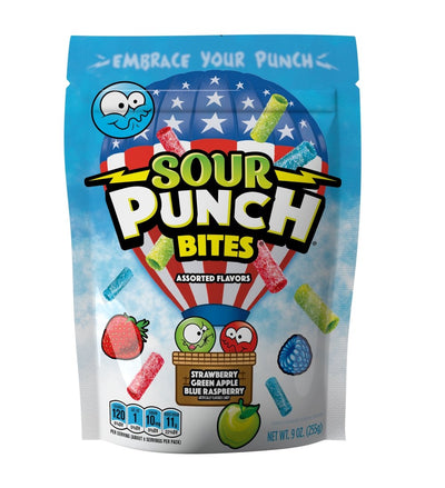 Front of Sour Punch Assorted Americana Candy Bites 9oz summer candy standup bag