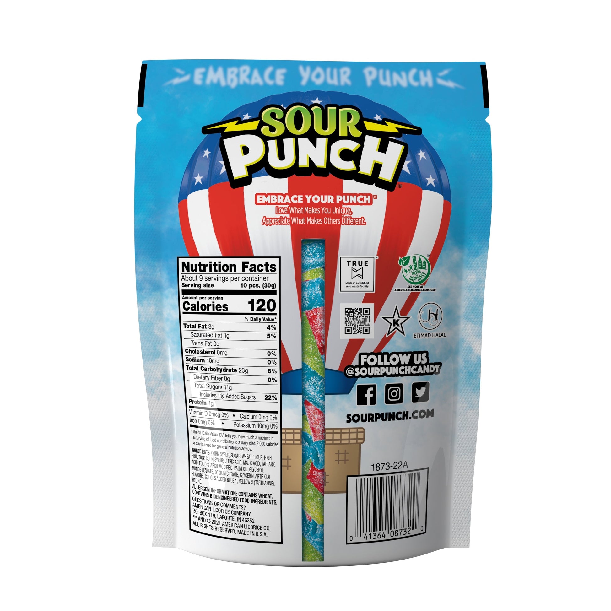 Back of Sour Punch Assorted Americana Candy Bites 9oz summer candy standup bag