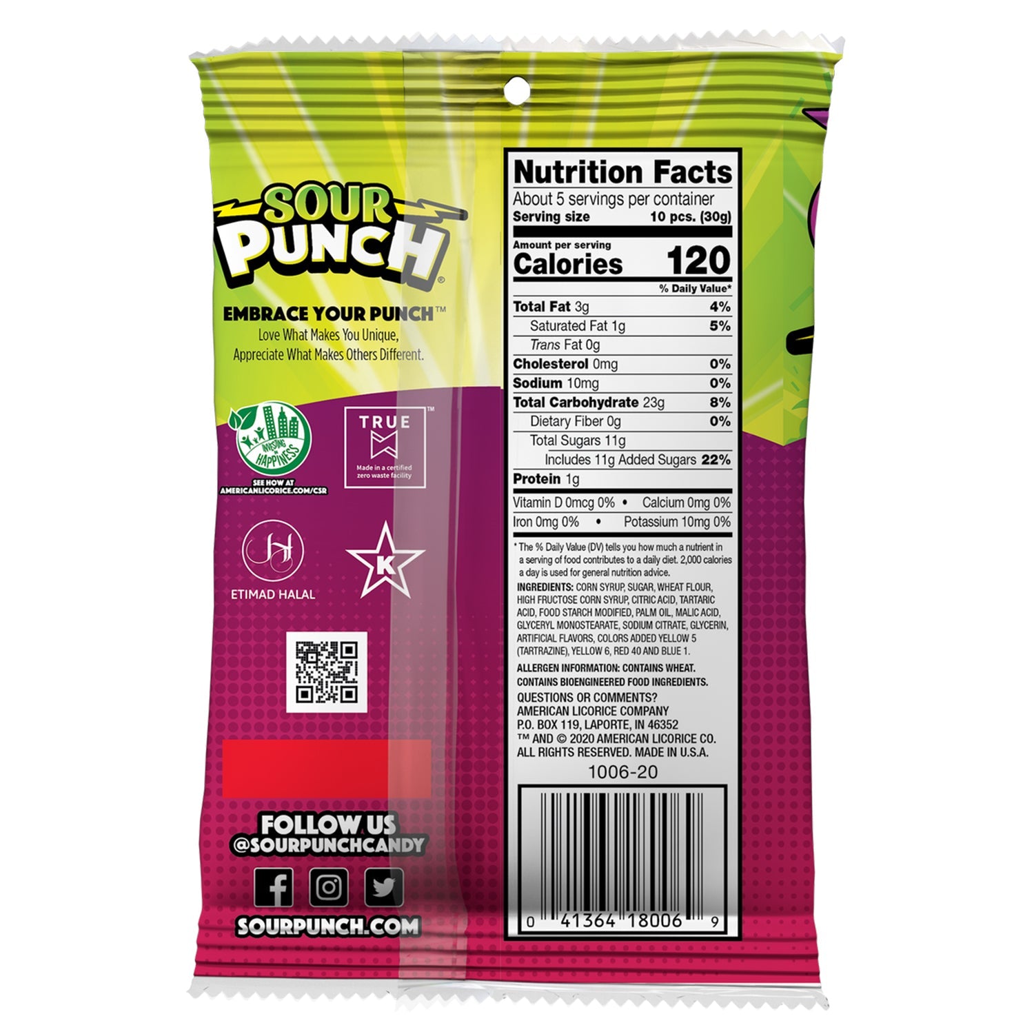 Sour Punch Bites Fan Favorites Back of 5oz Package - Chewy Candy Favorites - Fruit Punch Candy, Tangerine Candy, Grape Candy, Lemon Candy