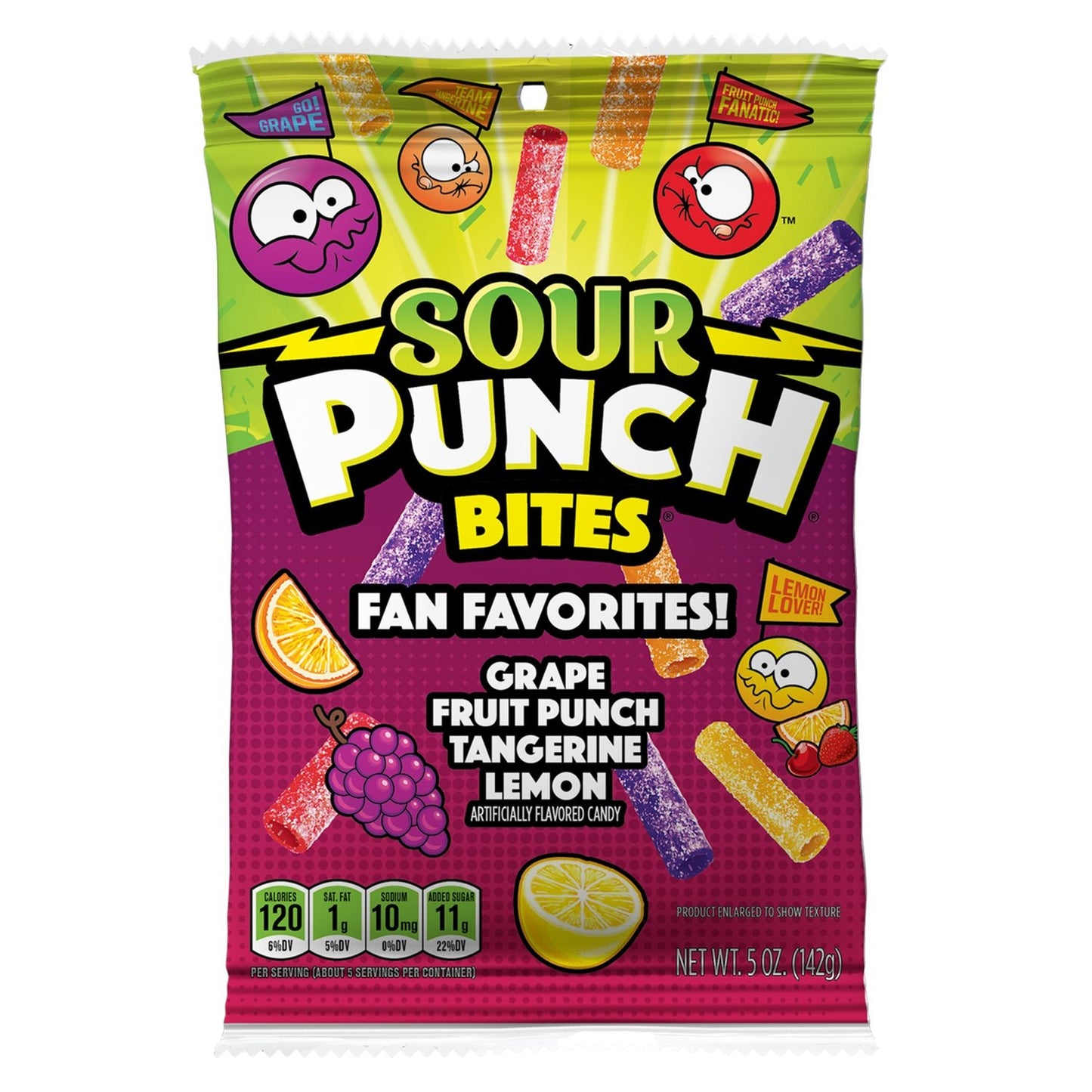 Sour Punch Bites Fan Favorites Front of 5oz Package - Chewy Candy Favorites - Fruit Punch Candy, Tangerine Candy, Grape Candy, Lemon Candy