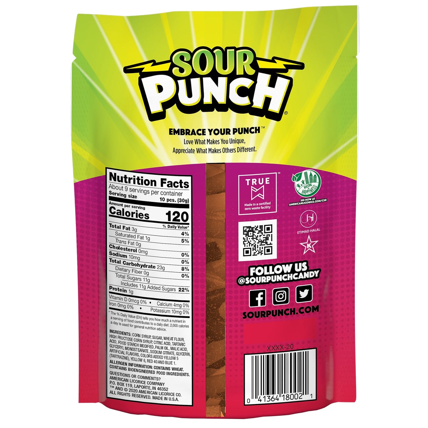 Sour Punch Bites Fan Favorites Back of Package - Chewy Candy Favorites - Fruit Punch Candy, Tangerine Candy, Grape Candy, Lemon Candy