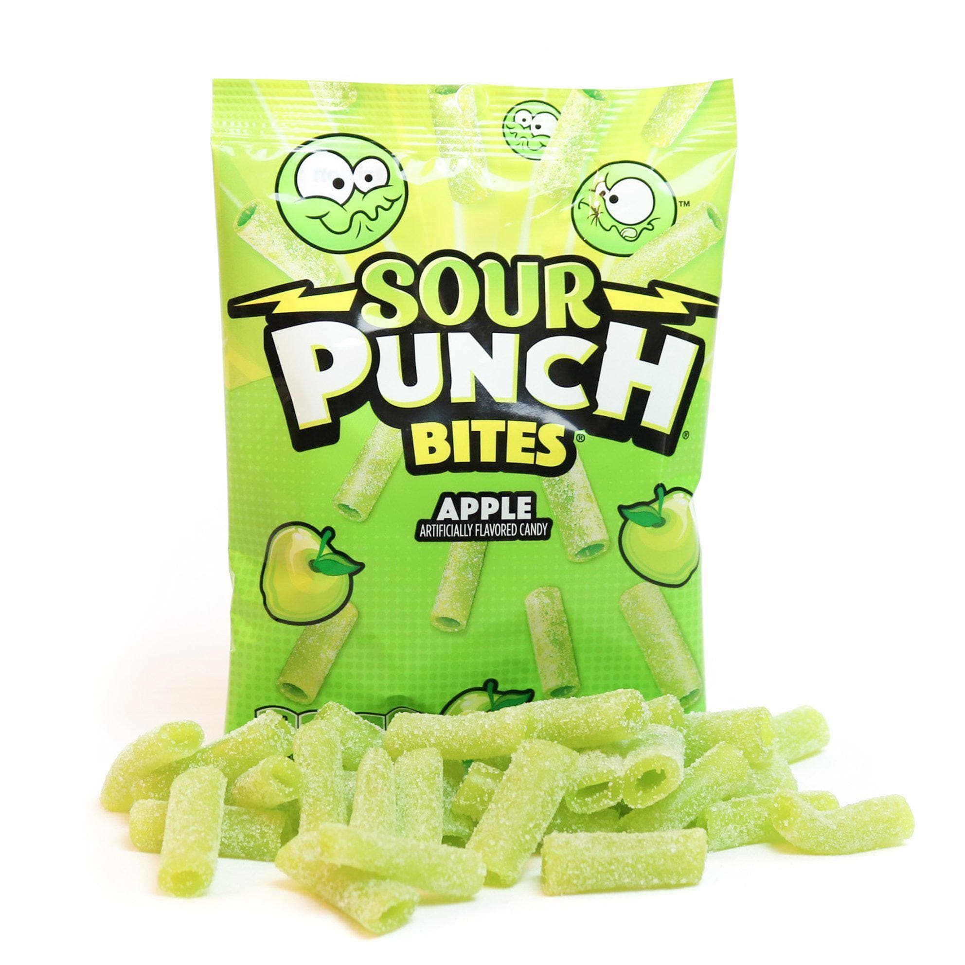 Sour Punch Bites Green Apple Candy in front of 5oz bag