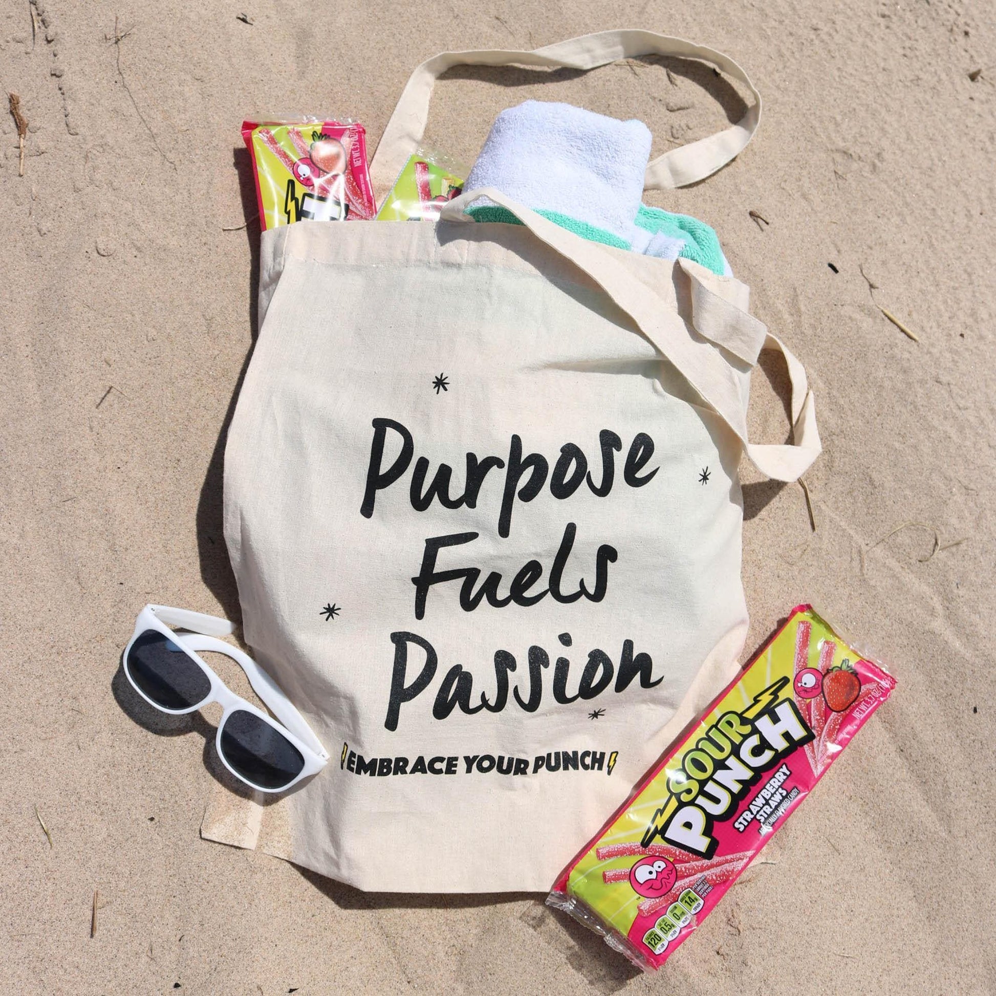SOUR PUNCH Tote Bag at the beach filled with Sour Punch snacks