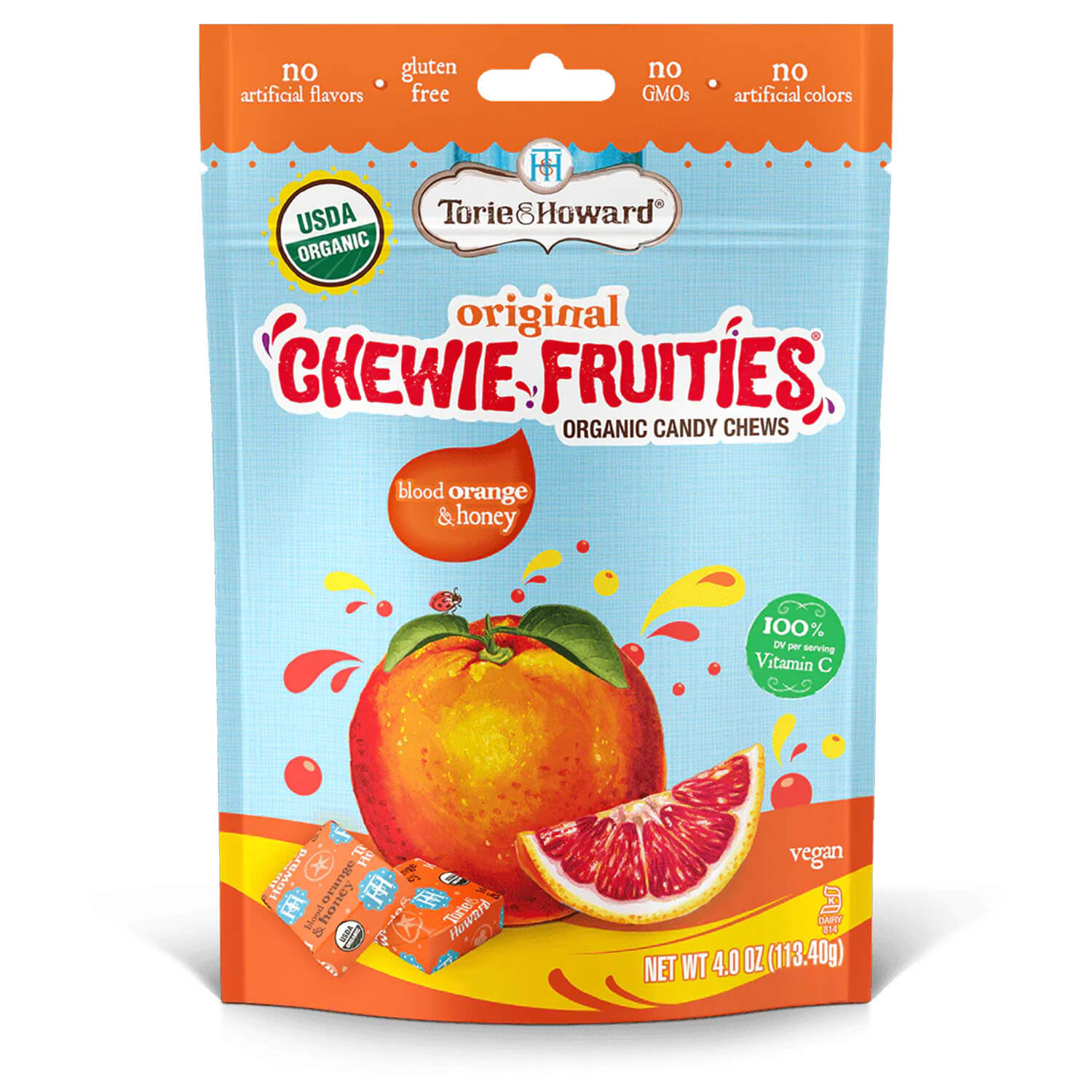 Torie & Howard Chewie Fruities Blood Orange & Honey Candy, Front of 4oz Bag