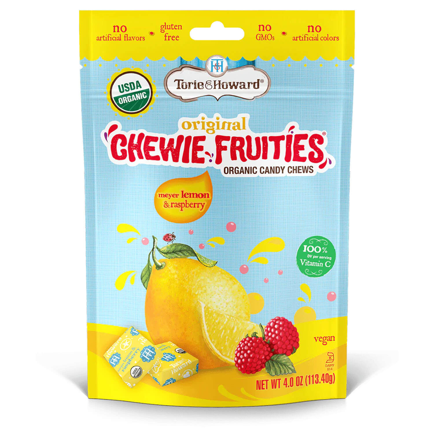 Torie & Howard Chewie Fruities Meyer Lemon & Raspberry Candy, Front of 4oz Bag