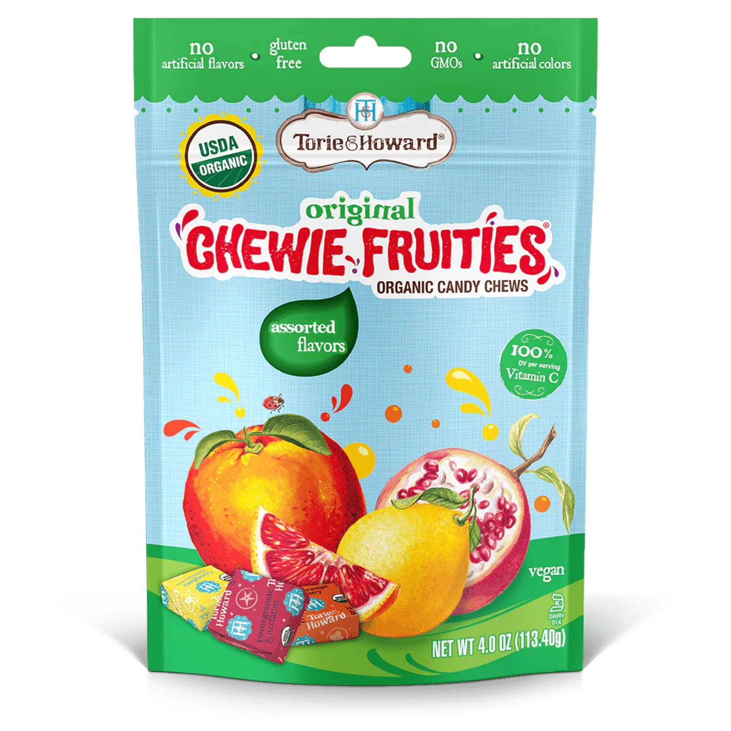 Torie & Howard Chewie Fruities Original Assorted Fruit Candy Flavors, Front of 4oz Bag