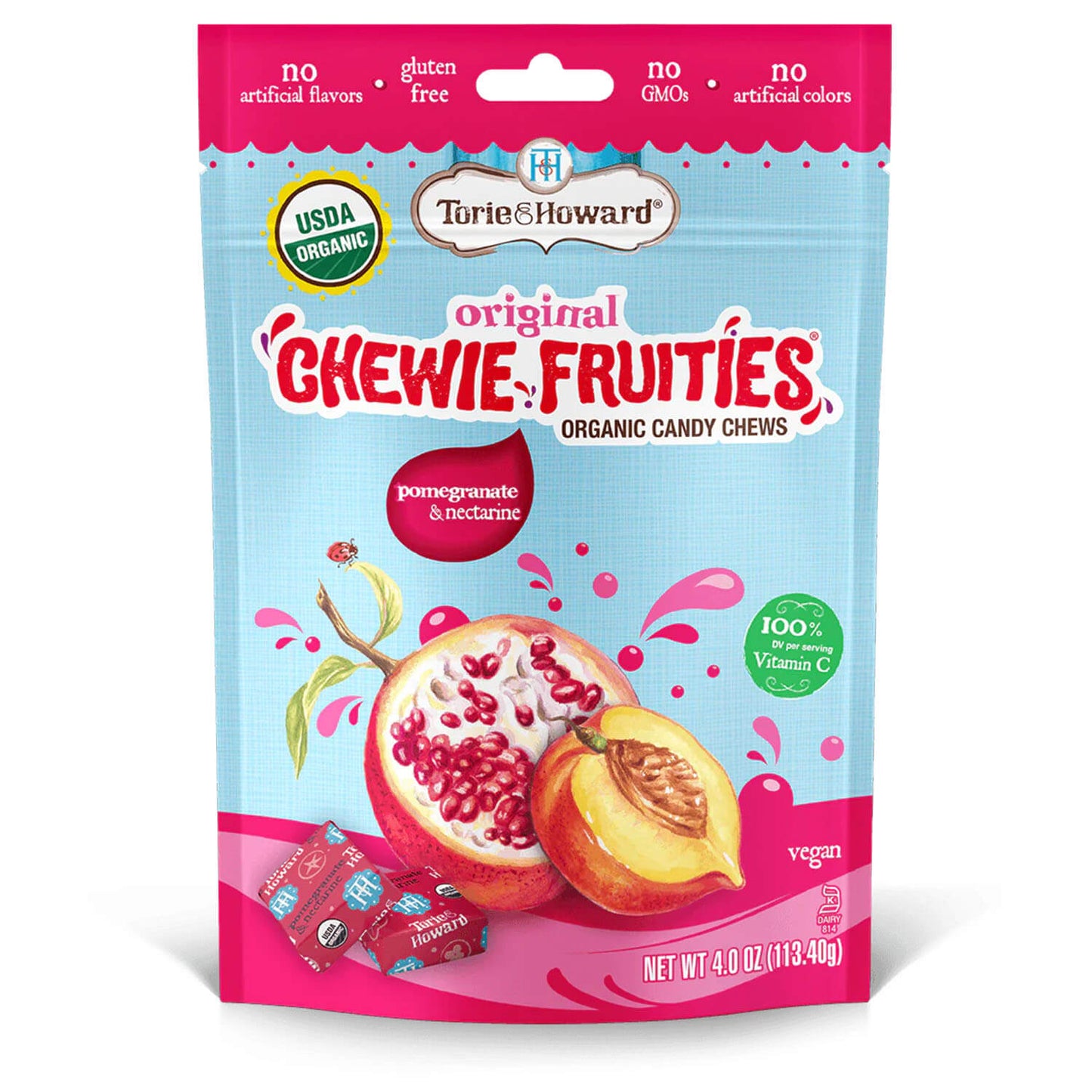 Torie & Howard Chewie Fruities Pomegranate & Nectarine Candy, Front of 4oz Bag