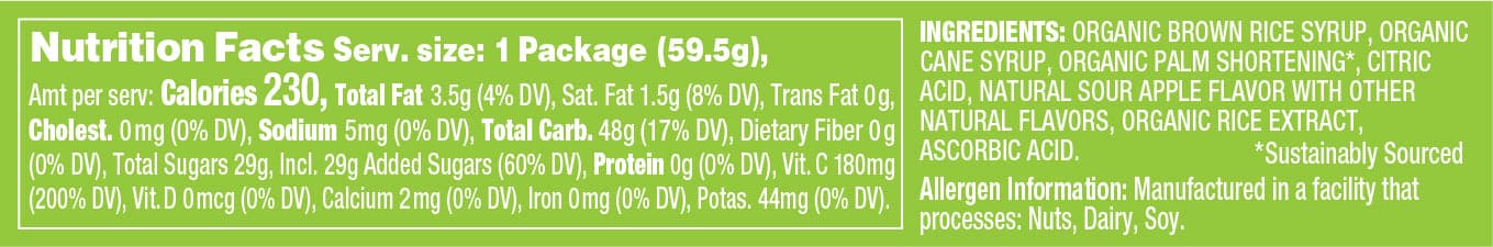 Torie & Howard Chewie Fruities Sour Apple Candy 2.1oz Stick Pack nutrition facts and ingredients