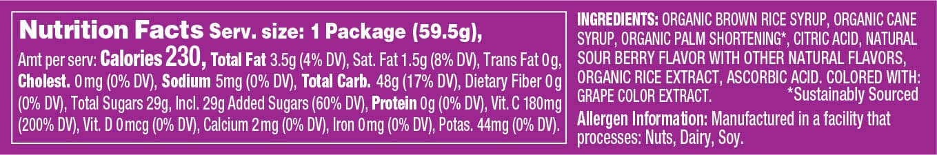 Torie & Howard Chewie Fruities Sour Berry Candy 2.1oz Stick Pack nutrition facts and ingredients