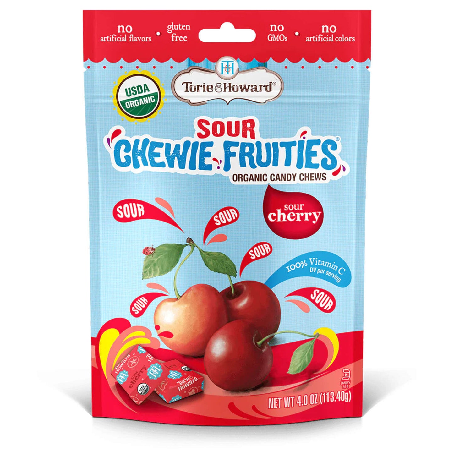 Torie & Howard Chewie Fruities Sour Cherry Candy, Front of 4oz Bag