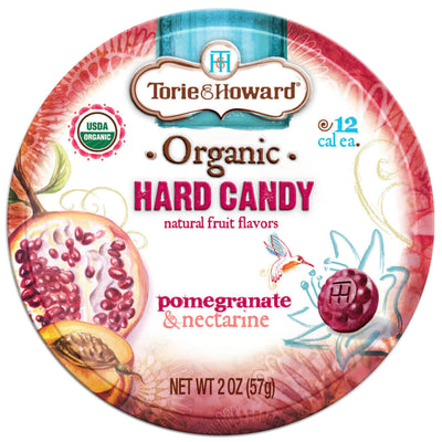 Torie & Howard Pomegranate & Nectarine Organic Hard Candy, Front of 2oz Tin