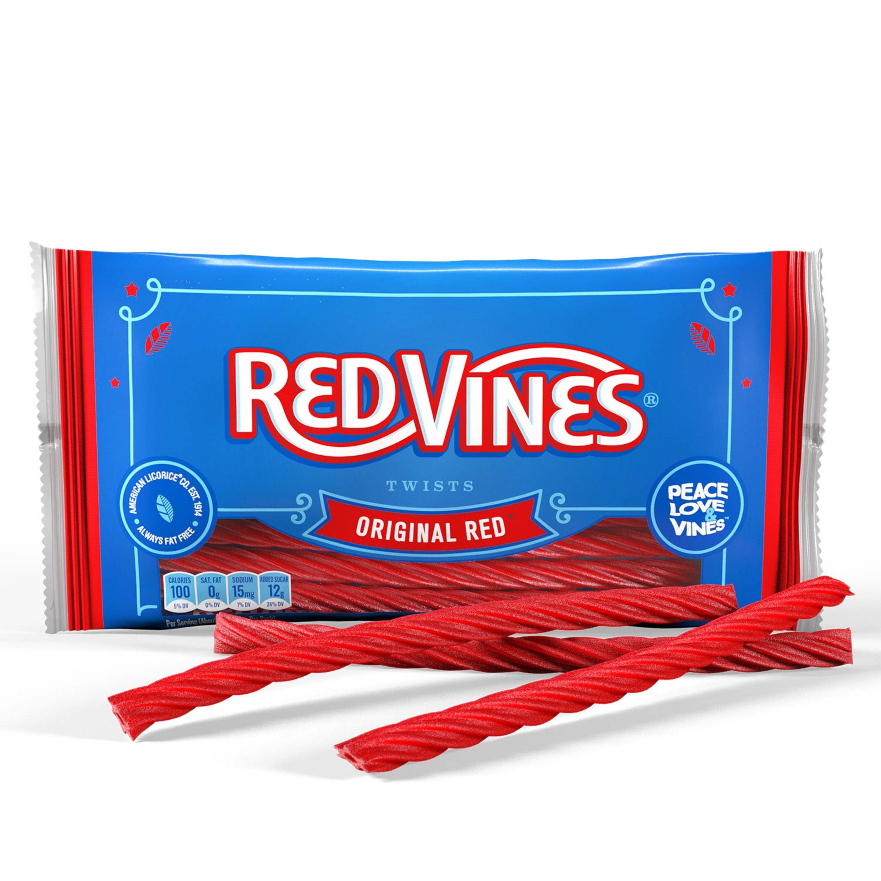 RED VINES Original Red licorice twists with candy in front
