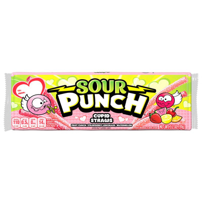 Front of SOUR PUNCH Cupid Straws valentine candy tray